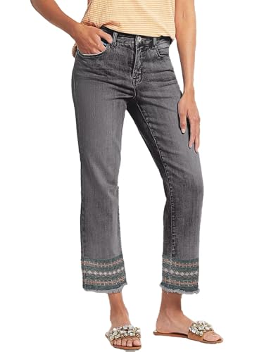Flamingals Straight Leg Jeans for Women Low Rise Cropped Jeans Wash Embroidery Raw Hem Denim Pants Gray S