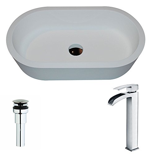 Man Made Stone Vessel Sink with Single Hole Single Handle Faucet - Matte White - Vaine LSAZ607-097 - ANZZI