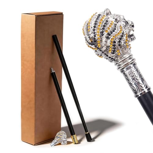 Bastón con Empuñadura de León Rojo Dorado, Bastón Decorativo Pomo en Forma de Báculo, Accesorio para Disfraces de Fiesta(Silver)