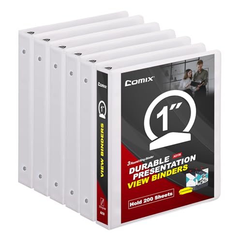 Image of COMIX Sturdy 3 Ring Binder 1 Inch with Clear View Cover | 1 inchRound Ring Design,PVC-Free Material,Holds 200 Sheets,Fits US Letter 8.5x11 Paper,Office & School,Home Use,6 Pack (White)
