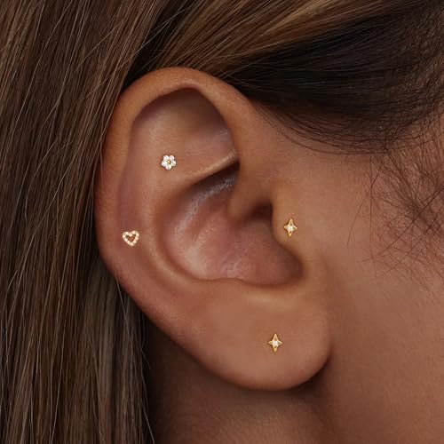 Flat Back Stud Cartilage Tragus Helix Nose Piercing Earrings Jewelry For Women Conch Threadless 18G Titanium Surgical Steel Hypoallergenic Gold CZ Silver 14K Small Tiny Studs4