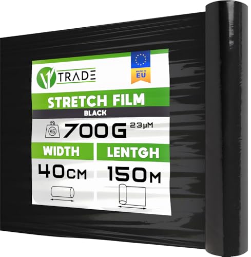 V1 Trade Stretchfolie Schwarz - Folie für Möbel - Hand Umzugfolie 150m x 40 cm - Stretchfolienrolle Schwarzfolie 23my - Verpackungsfolie auf Rolle - Wickelfolie - Umzugsfolie Dehnung 250%