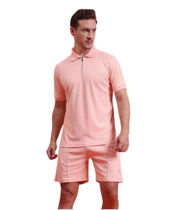 Premium Peach Co-ord Set for Men | Textured Polyester Polo T-Shirt with Zipper & Matching Mid-Rise Shorts | Two Piece Outfit | Regular Fit | Casual Wear with Pockets-image-11