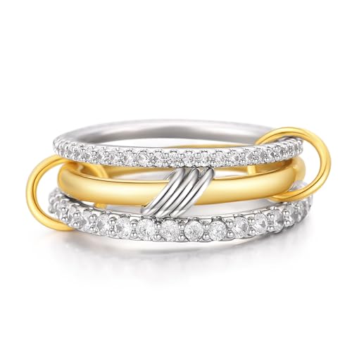Moiegouct Anillos apilables entrelazados de oro de 18 quilates para mujer, juego de anillos de plata dorada, apilados de metal mixto, dos tonos conectados, anillos de dedo entrelazados, 6, Latón, Sin