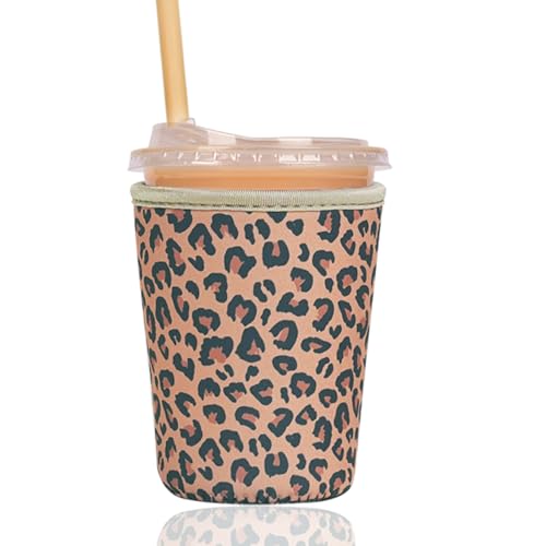 Image of Reusable Insulated Sleeve for Iced Coffee Cup, Coffee Neoprene Sleeve for Cold & Hot Drinks, Beverage Holder for Iced Coffee (Brown Leopard, Small: 16-18oz)