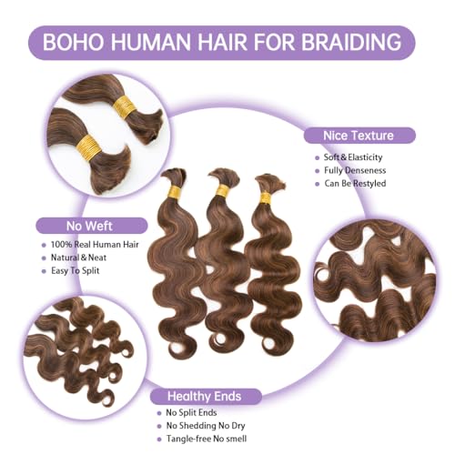 YWIGS Bulk Human Hair for Braiding Body Wave Blend #4/30 Boho Human Hair No Weft Human Braiding Hair 100G 20inch — view 3