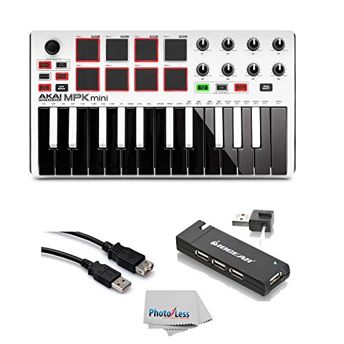 Akai Professional MPK Mini MKII White | 25-Key Ultra-Portable USB MIDI Drum Pad & Keyboard Controller with Joystick, VIP Software Download Included - Limited Edition