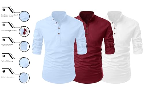 Image of FINIVO FASHION Combo of Men's Cotton Blend Solid Regular Fit Full Sleeve Straight Short Kurta Shirt, Casual and Formal Wear