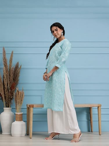 Image of Ada Women's Cotton Straight Fit Straight Hand Embroidered Lucknowi Chikankari Kurta Kurti A411165