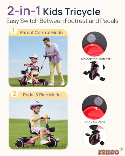 Image of KRIDDO 2-in-1 Tricycle for Toddlers 1.5-5 Years, Push Tricycle with Parent Steering Detachable Handle, 9-Stage Adjustable Handlebar, Toddler Trike with Safety Belt, Clutch Pedals & Dual Basket, Pink