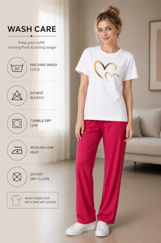 Image of ELVIA Women's Pure Cotton Top and Pyjama Co-Ord Set | Double Heart Graphic Printed Night Suit | Regular Fit Half Sleeve Round Neck T-Shirt with Pajama Sleepwear Loungewear Set