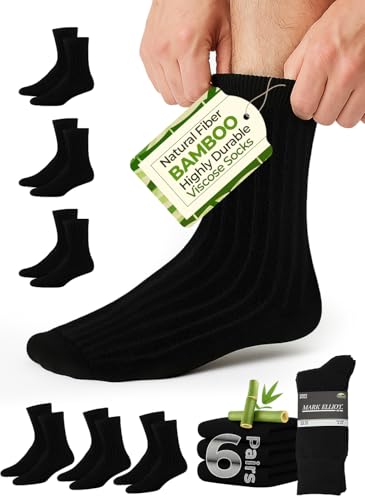 Mark Elliot Black Ribbed Bamboo Crew Socks 6 Pack–Odor-Resistant, Breathable,
