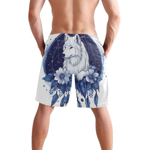Men’s Swim Trunks Navy Blue Feather Dreamcatcher Wolf Beach Board Shorts Swimming Short Pants Running Sports Surffing Shorts3