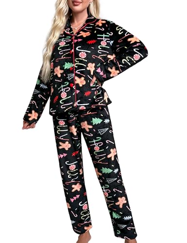 XULEN Women's Fuzzy Fleece Pajamas Set Flannel 2 Piece Winter Warm Button Down Loungewear Sleepwear Pj Sets Black S