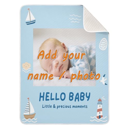 Custom Cute Baby Photo Cartoon Blue Boat Seagull Blanket for Baby Breathable para personalizados Bunny Baby Blanket with Name for Nursery Stroller Crib 30x40in cobijas para
