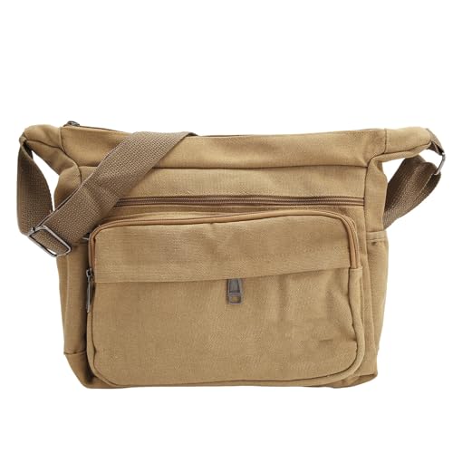 Canvas Messenger Bag Tote Bag Khaki Soft Antiwear Adjustable Strap Front Side Pockets Large Hobo Bag for School Travel