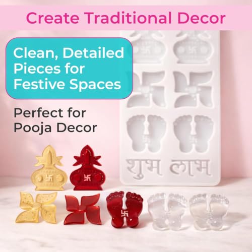 Image of Resin Molds Shubh Labh Silicone Mould Fondant Keychain Mold Wax Topping Epoxy Moulds Resin Art Crafts Diwali Swastik Kalash Candle Making