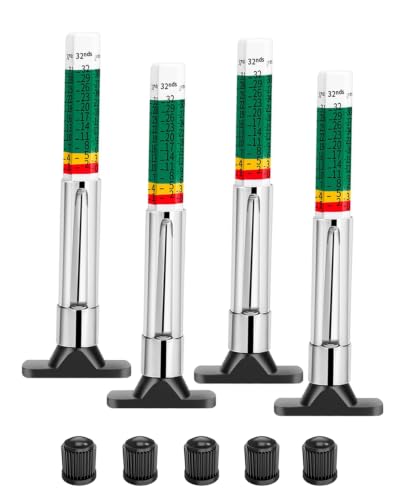 4-Pack Tire Tread Depth Gauge, Color Coded,32nds Tire Depth Gauge with Stainless Steel Body, Pocket Clip, Includes 5 Valve Caps