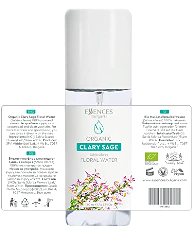 Essences Bulgaria Organic Clary Sage Floral Water 4.7 Fl Oz | 140Ml | 100% Natural, Spray For Face, Body, Hair, Anti-Age Refreshing Beauty Mist | Makeup Remover | Alcohol-Free | Hydrating | Vegan #TOP1