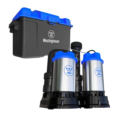 Westinghouse - Battery Backup Sump Pump with Alarm System, 1/2 HP - Backup Sump Pump Up to 5,200 Gallons Per Hour - Heavy Duty Sump Pump Battery Backup - 3 Year Warranty