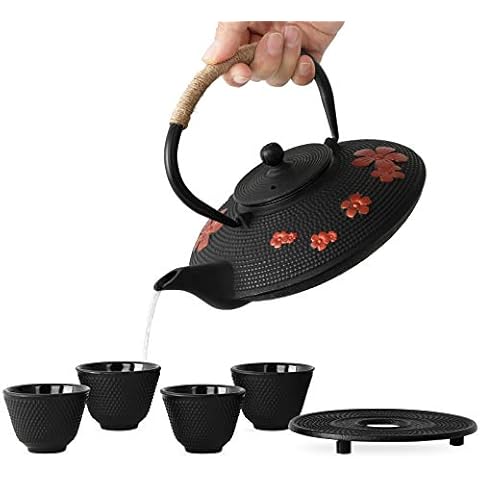 TOVACU Japanese Style Cast Iron Teapot with 4 Tea Cups Trivet Tetsubin StovetopTea Kettle with Infuser Chinese Iron Tea Pot Tea Set for Adults Black (Pear Flower Pattern) Cover