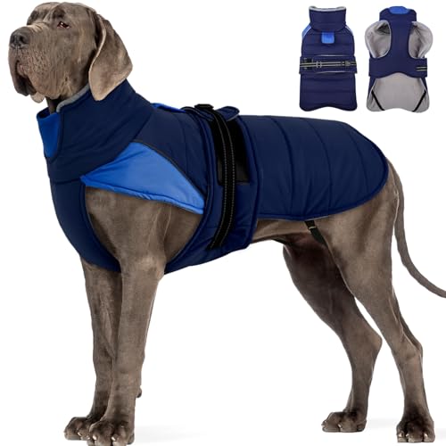 Image of MIGOHI Thermal Large Dog Fleece Jacket - Rainproof Coat for Large Dogs, Thick Dog Winter Coat,Snow Jacket for Dogs Windproof for Hunting Camping,Windy Chilly Days,Doberman,Great Dane,3XL,DarkBlue