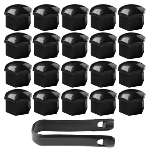 QitinDasen 20 Stück 19 mm Auto Radmutterabdeckungen, Universal Reifen Mutter Kappen, Sechseckige Auto Nabenschraubenabdeckung mit Entfernung Werkzeug (Schwarz)