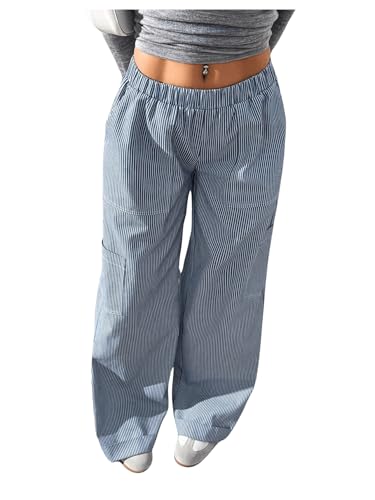 MakeMeChic Women's Elastic Waist Striped Pants Wide Leg Baggy Trousers with Pocket