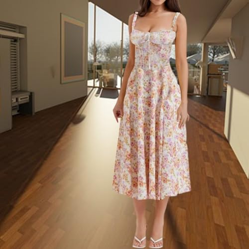 Image of Floral Corset Midi Dress Square Neck A Line Dress with Slit | Square neck floral midi dress with front tie bust wide straps A-line skirt side slit and lightweight fabric