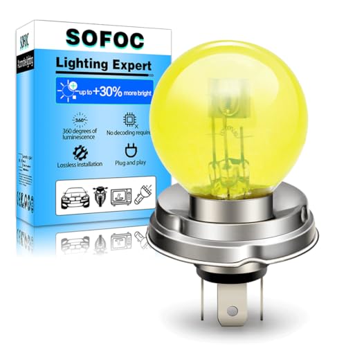 SOFOC P45T R2 6V 45/40W Bombilla halógena para moto, coche clásico y tractor G40 Amarillo Luz alta/baja 3 patillas Base brida prefoco 1 ud