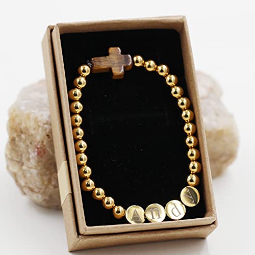 Image of Uloveido Black Agate Side Cross Bracelet Mustard Seed Charms, Personalized Letter A-Z Tiger's Eye Bangle Y944