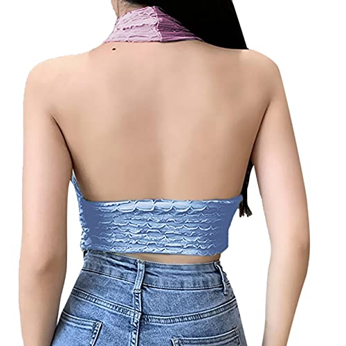 Leomoste LEYF-21042065A-01M Women Sexy Criss Cross Bandage Crop Halter Tank Top Vest Blue-Purple thumb #1