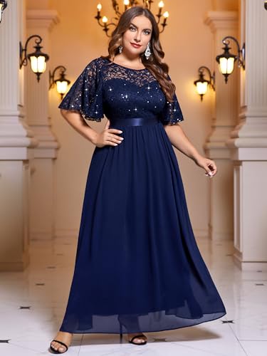 Miusol Women's Plus Size Sequin Lace Round Neck Butterfly Sleeves Formal Evening Maxi Dress3