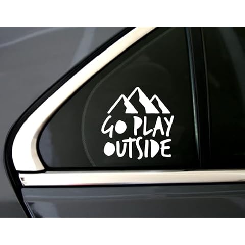 Go Play Outside Decal - Outdoors Sticker - Recreation Sayings Be in Nature Mountain Range Hiker Gift - Vinyl Bumper Sticker Car Decal for Window (4 inches Wide, White) Cover