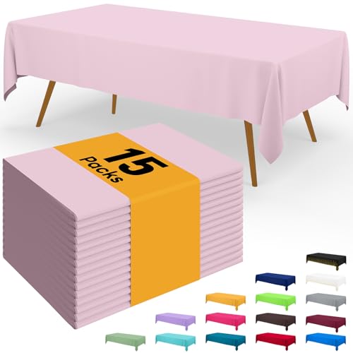 Image of Smiry Disposable Table Cloth - 15 Pack, 54 x 108 Inch Waterproof Rectangle Tablecloths for Parties, Decorative Plastic Table Cover, Leakproof & Sturdy, Pink