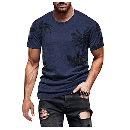 Chemise imprimé rétro homme ethnique col rond bleu manches courtes 40 cm