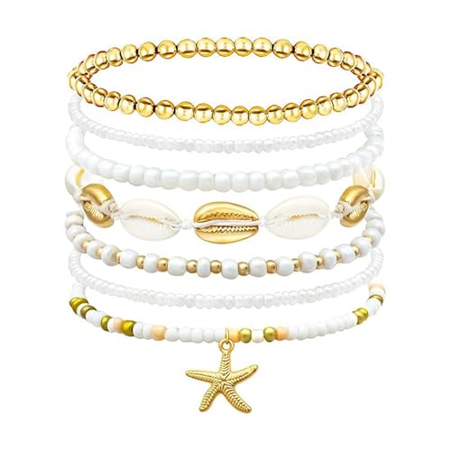 YNR Strandarmband Set, 7-teilig, Perlenarmband Stretch, Weiß und Gold, Seestern und Muschel Design