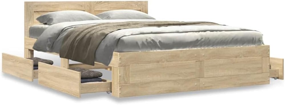 Bed Frame with Headboard 2 pcs Sonoma Engineered Wood 54 x 74 inches Sturdy Platform Foundation with Storage Drawers Modern Minimalist Bedroom Furniture for Mattress Support