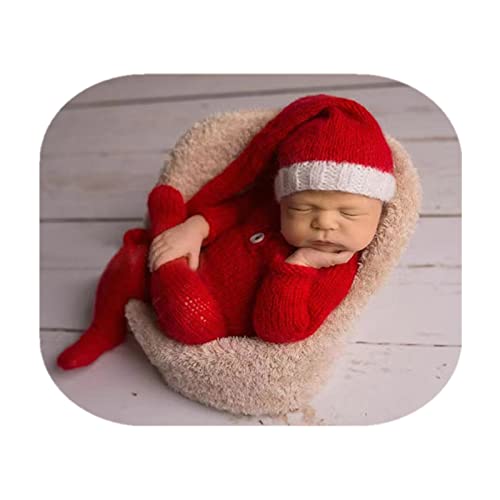 Image of Vemonllas Newborn Photography Props Boys Girls Outfits Mohair Bear Hat Bonnet & Footed Romper Bodysuit Photoshoot Costume Set (Red White)