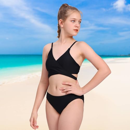 karrack Teen Girls' Swimsuits Two-Piece V-Neck Bikini Adjustable Shoulder Straps Swimsuit Kids Bikini Set3