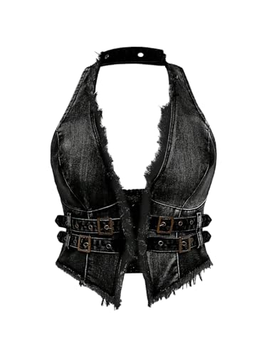 WDIRARA Women's Plus Size Frayed Denim Halter Top Buckle Backless Punk Hippie Jean Crop Top