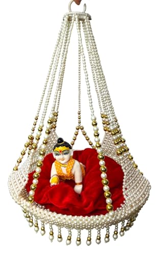 Image of PARTISH Handcrafted Hanging Moti Jhula for Laddu Gopal Ji | Premium Pearl Beaded Swing Palna with Red Velvet Cushion & Gold Accents for Janmashtami & Home Temple Decor (for Idol Size 0,1 & 2, Moti)