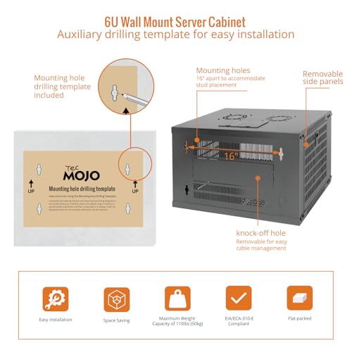 Image of Tecmojo 6U Wall Mount Rack Network Cabinet for 19 inch IT Equipment,with Lockable Mesh Door and Side Panels,Cooling Fan,450mm Depth (Standard 6U /450mm Deep), Mesh /Black
