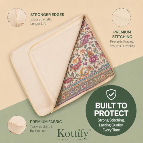 Image of Kottify Cotton Canvas Clothes Storage Bags Pack of 3 | Saree Covers with Zip | Saree & Dress Storage Bags with Zipper | Wardrobe Organizer for Women's Clothes, Lehengas, Suits (16 x 13 x 3 Inch)