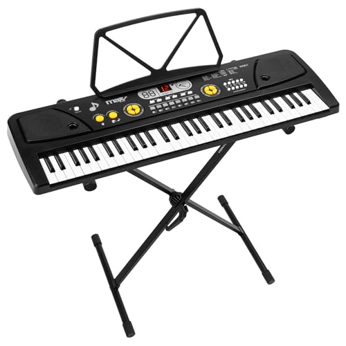 MAX KD61 Pack – Teclado electrónico infantil 61 teclas con soporte de teclado, batería recargable, micrófono, display LED, ritmos, acordes y funciones de aprendizaje para principiantes – Color negro