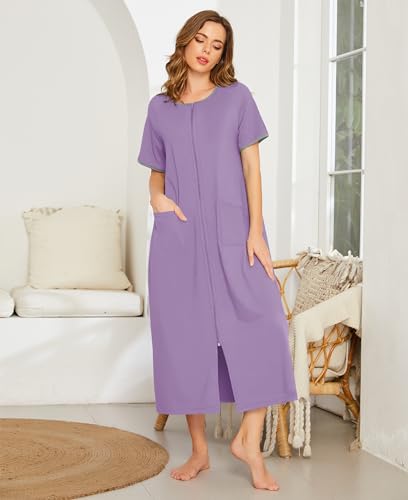 Image of Ekouaer Women Robe Zipper Short Sleeves Full Length House Coat with Pockets