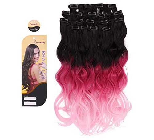 Creamily(TM) Natural Black To Red To Pale Pink 18" Wavy Clip In Hair Extensions 3-Tone Ombre Color 8 Pieces For A Full Head