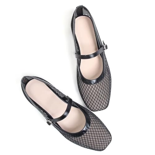 Image of TN TANGNEST Leather Flats for Women Retro Mary Jane Flats | Comfortable Square Toe Slip On Flats with Buckle Strap, Soft Work Flats Office Shoes