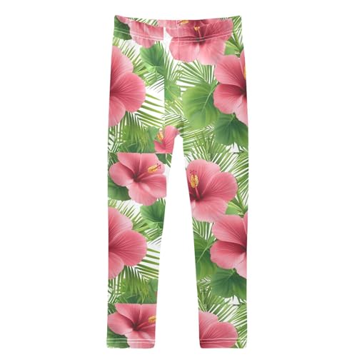 Boccsty Tropical Hibiscus Flower Palm Leavs Girls Leggings Kids Yoga Pants Dance Active Tights 4T
