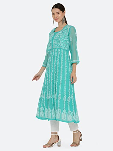 Image of FAWOMENT Women's Georgette Yok Anarkali Kurta with Intricate Lucknowi Chikankari Fine Hand Crafted Embroidery